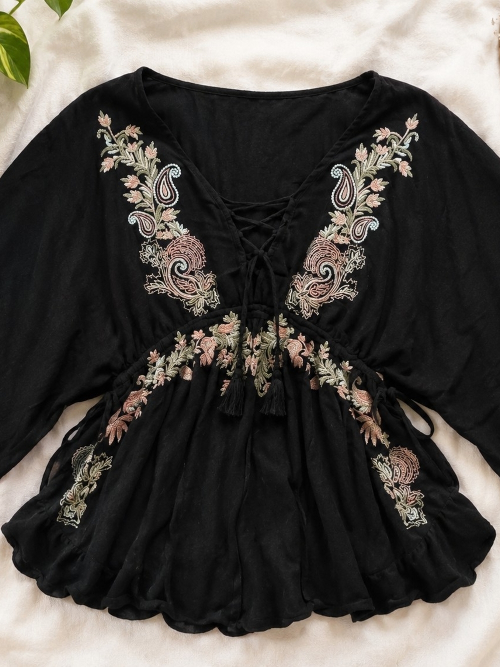 Black Embroidered Lace-Up Peasant Top